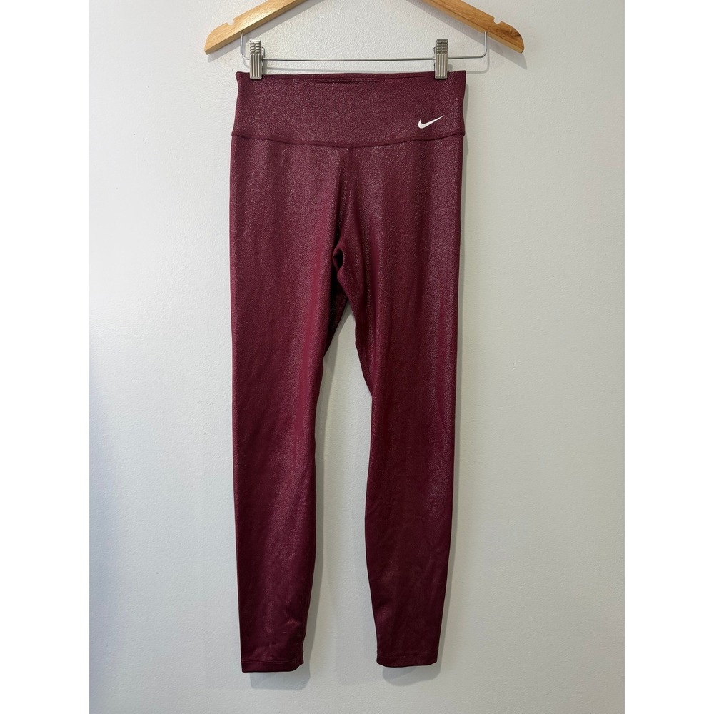 Nike Womens Dri-FIT Sparkle Metallic High Rise Leggings Burgundy Maroon Small